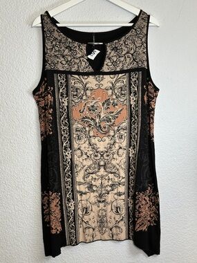 Skinny Minnie Women’s Blouse Size 1X Boho Tunic Sleeveless Keyhole Black Tan